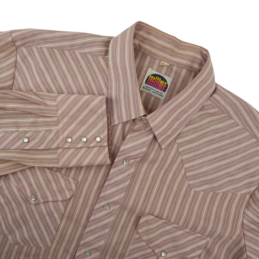Vtg 70s Miller Western Wear Shirt Mens‎ 17.5 34 Pink Stripe Pearl Snap USA Rodeo